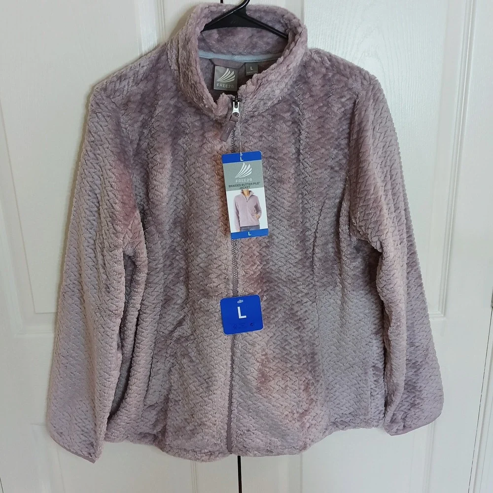 Free2B Braided Butter Pile Jacket Mauve Purple Faux Fur Fleece Full Zip Womens L